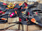 Zari Border Saree In Grey Soft Silk Fabric With Digital Print Finish