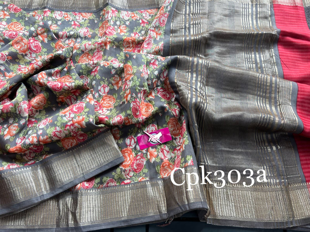 Tusser soft silk sarees with allover floral digital printed with zari border