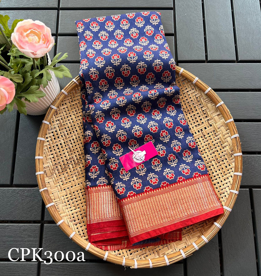 Designer Navy Blue And Red Tussar Silk Saree Digital Printed With Gold Zari Border