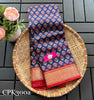 Designer Navy Blue And Red Tussar Silk Saree Digital Printed With Gold Zari Border