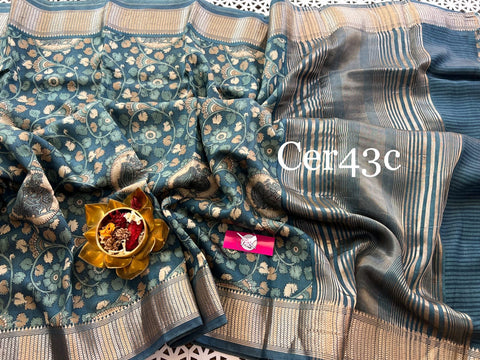 Tusser Soft Silk Sarees With Allover Kalamkari Digital Printed With Zari Border