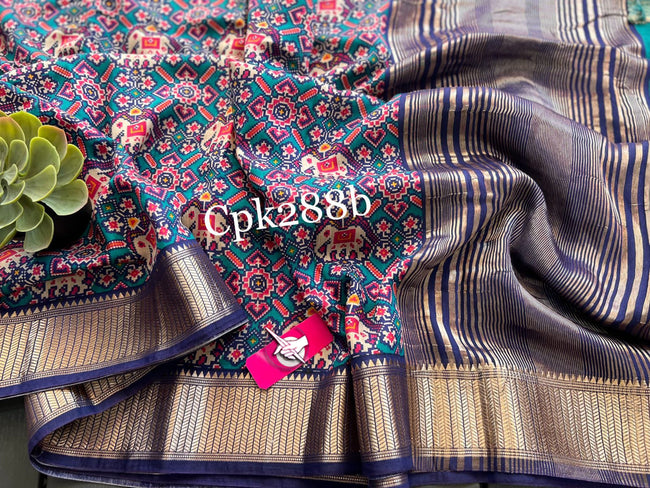 Tusser soft silk sarees with allover patola digital printed with zari border