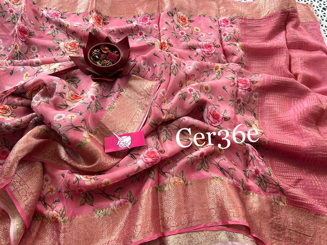 Pink Color Explore the latest designer crepe georgette saree featuring stunning floral prints, ideal for a chic and elegant look.