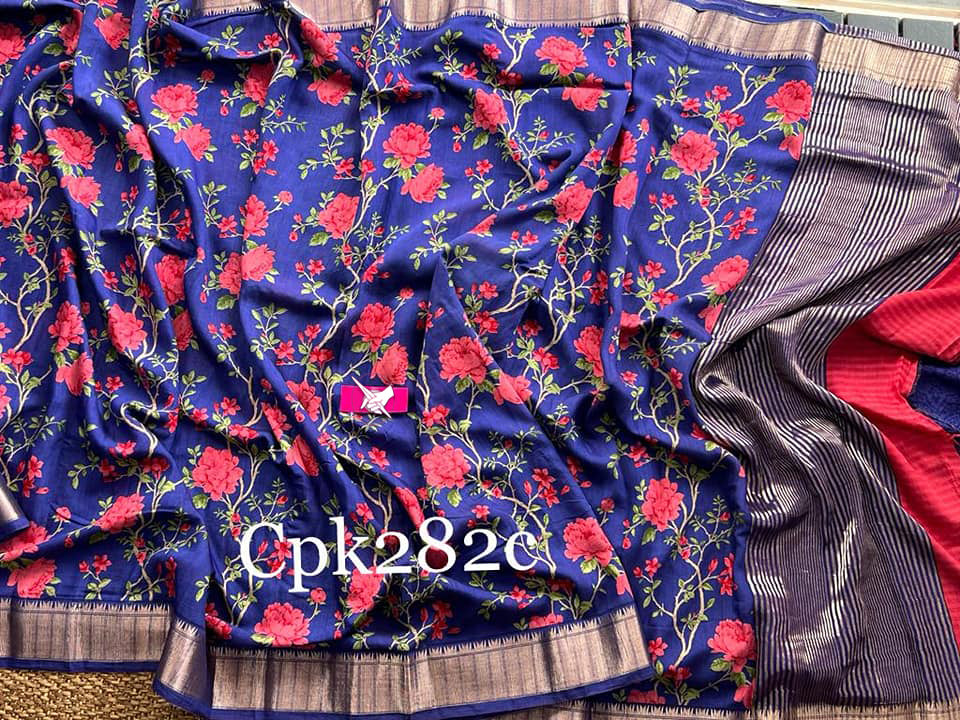 Trendy Soft Silk Saree Blue Digital Printed Assam Pattu With Traditional Border
