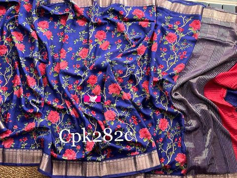 Trendy Soft Silk Saree Blue Digital Printed Assam Pattu With Traditional Border