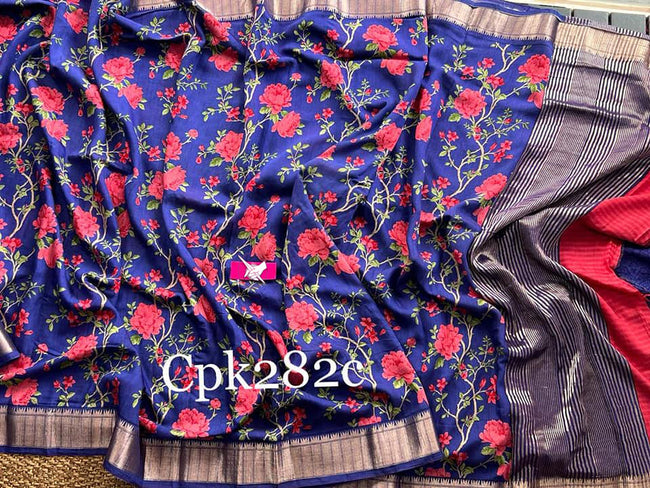 Trendy Soft Silk Saree Blue Digital Printed Assam Pattu With Traditional Border