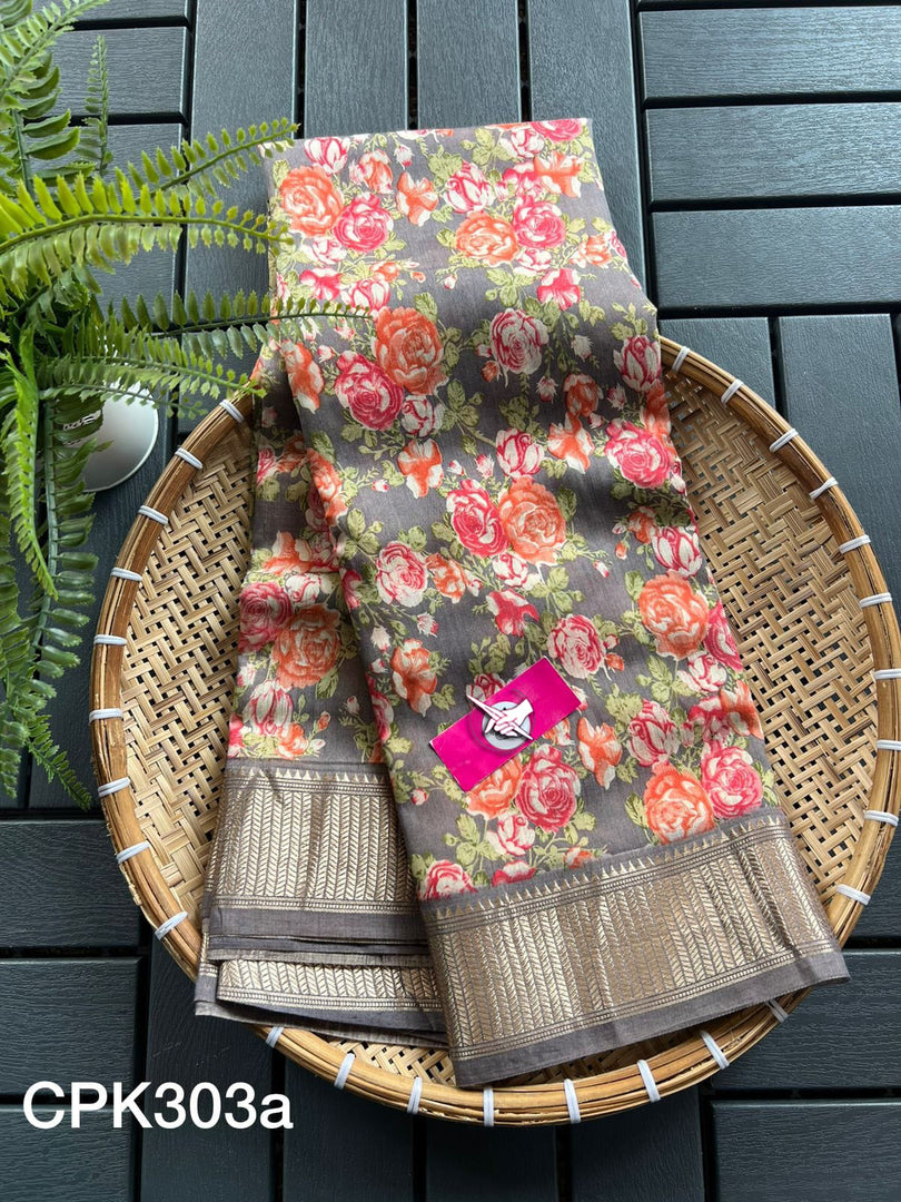 Tusser soft silk sarees with allover floral digital printed with zari border