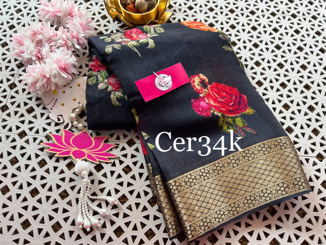 Zari Border Saree In Grey Soft Silk Fabric With Digital Print Finish