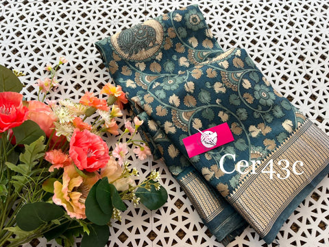 Pure Handloom Tussar Silk Saree Blue Digital Art Print And Golden Zari Border