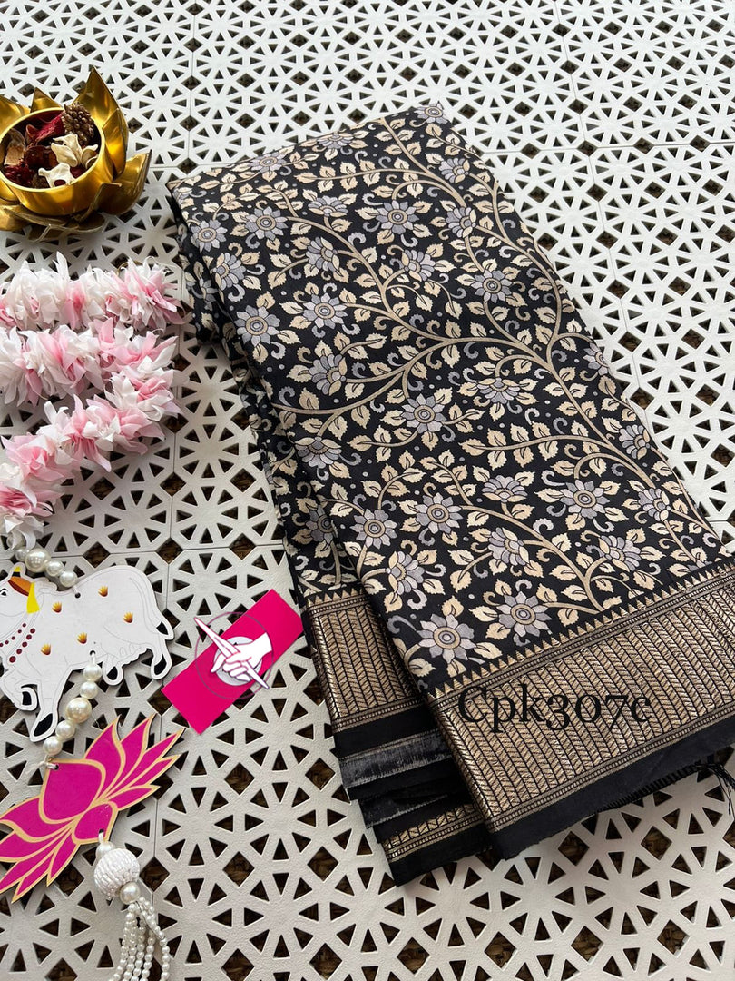 Designer Soft Tussar Silk Saree Artistic Digital Prints And Classic Zari Border