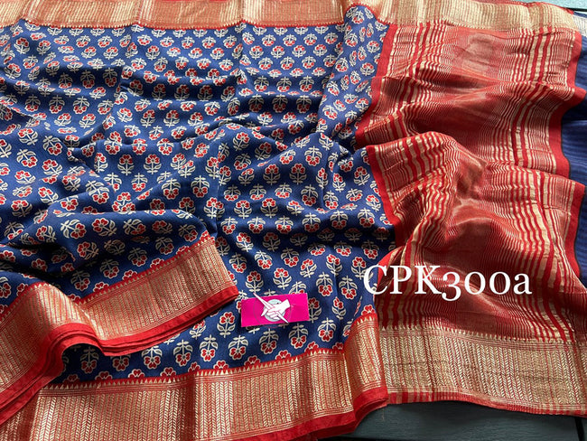Designer Navy Blue And Red Tussar Silk Saree Digital Printed With Gold Zari Border