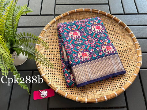 Tusser soft silk sarees with allover patola digital printed with zari border