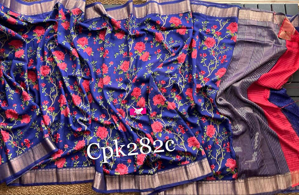 Trendy Soft Silk Saree Blue Digital Printed Assam Pattu With Traditional Border
