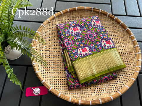 Tusser soft silk sarees with allover patola digital printed with zari border