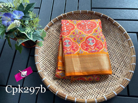 Traditional Tussar Soft Silk Saree Orange Rich Zari Woven Border
