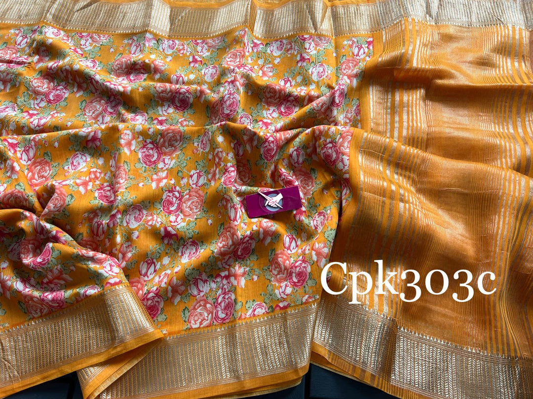 Tusser soft silk sarees with allover floral digital printed with zari border