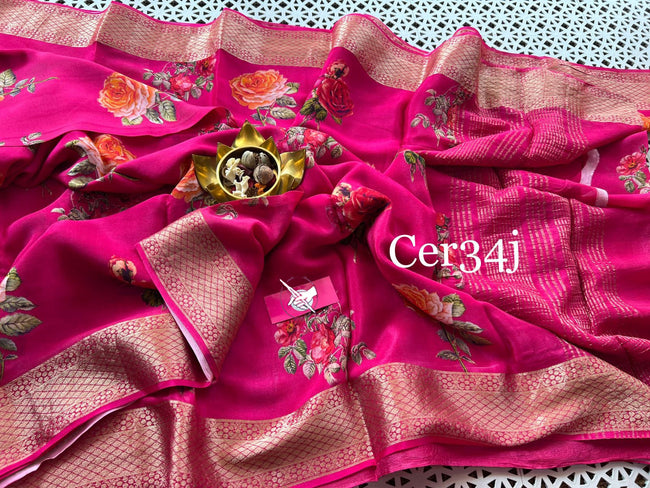 Trendy Digital Printed Soft Silk Saree Pink With Golden Zari Border