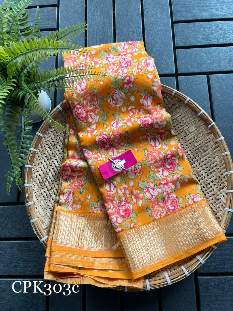 Tusser soft silk sarees with allover floral digital printed with zari border