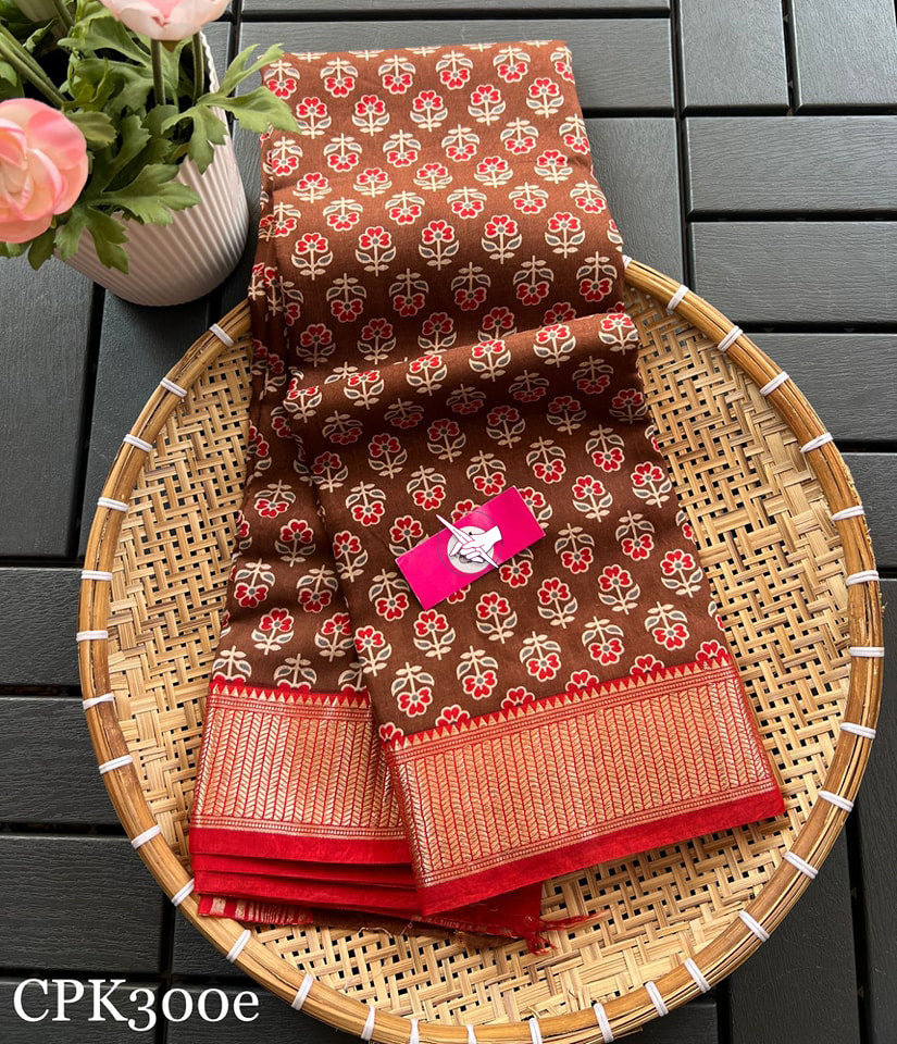 Pure Tussar Soft Silk Saree Brown And Red With Traditional Handloom Zari Border