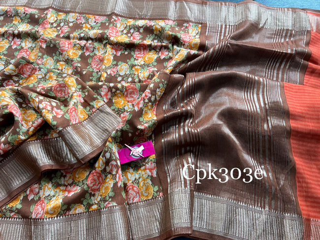 Tusser soft silk sarees with allover floral digital printed with zari border