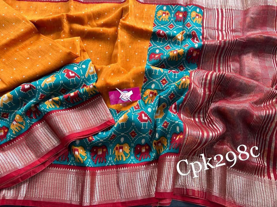 Partywear Orange Tussar Soft Silk Saree Handloom Design With Zari And Digital Fusion