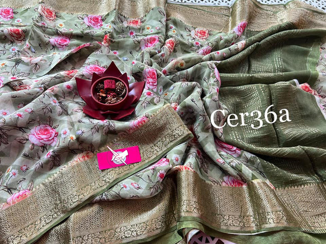 Green color  Explore the latest designer crepe georgette saree featuring stunning floral prints.