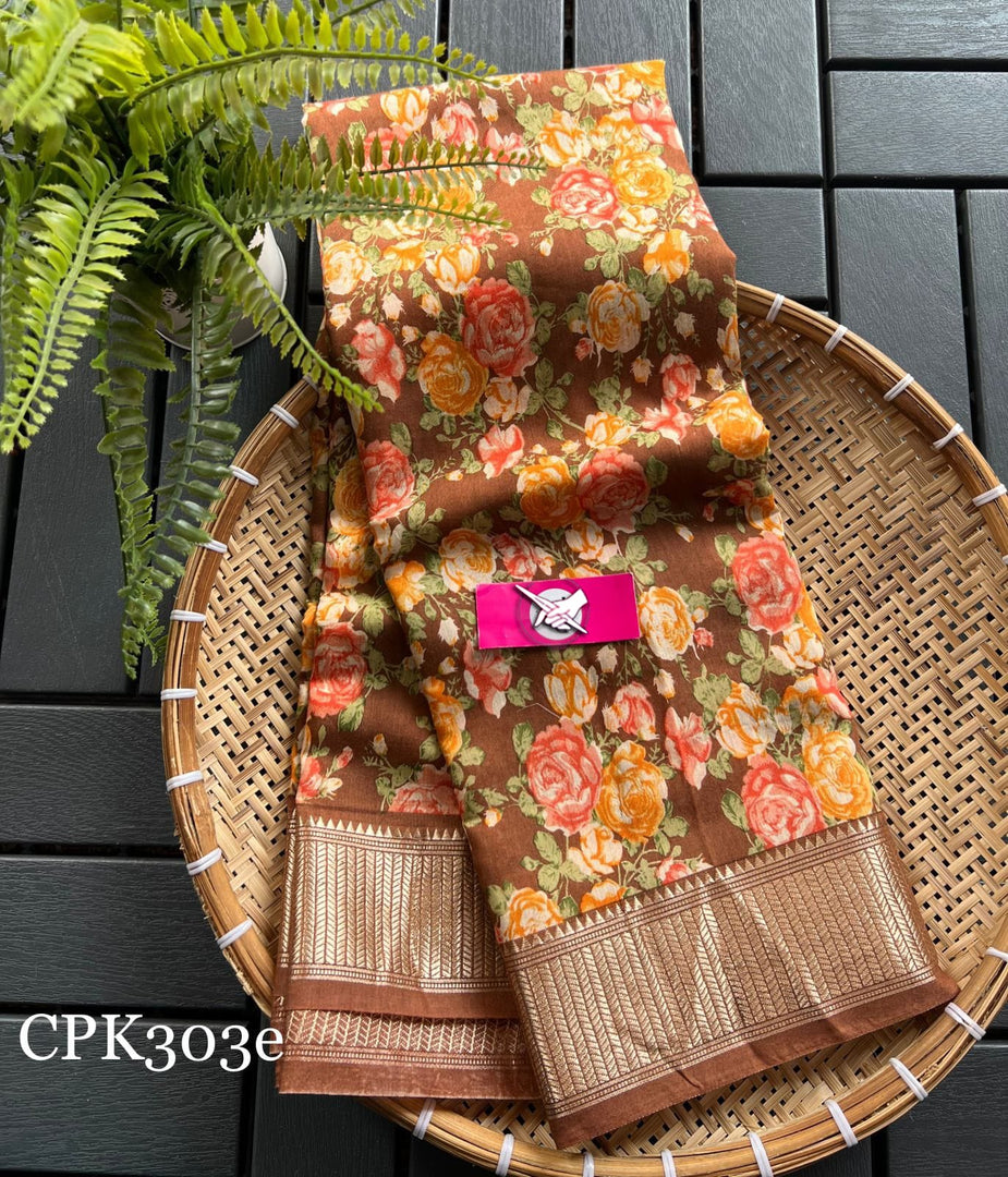 Tusser soft silk sarees with allover floral digital printed with zari border