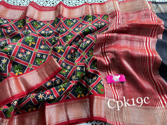 Engaging Black And Red Tussar Soft Silk Saree Handloom Woven With Digital Print And Zari Border