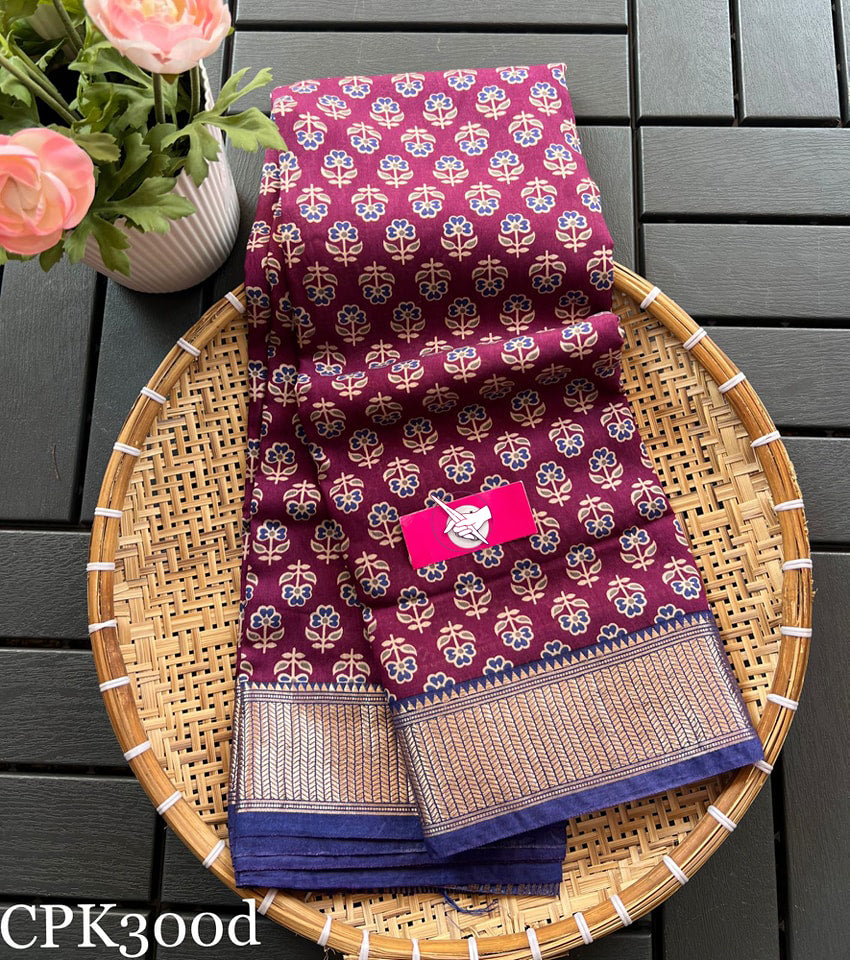 Tusser soft silk sarees with allover digital printed with zari border