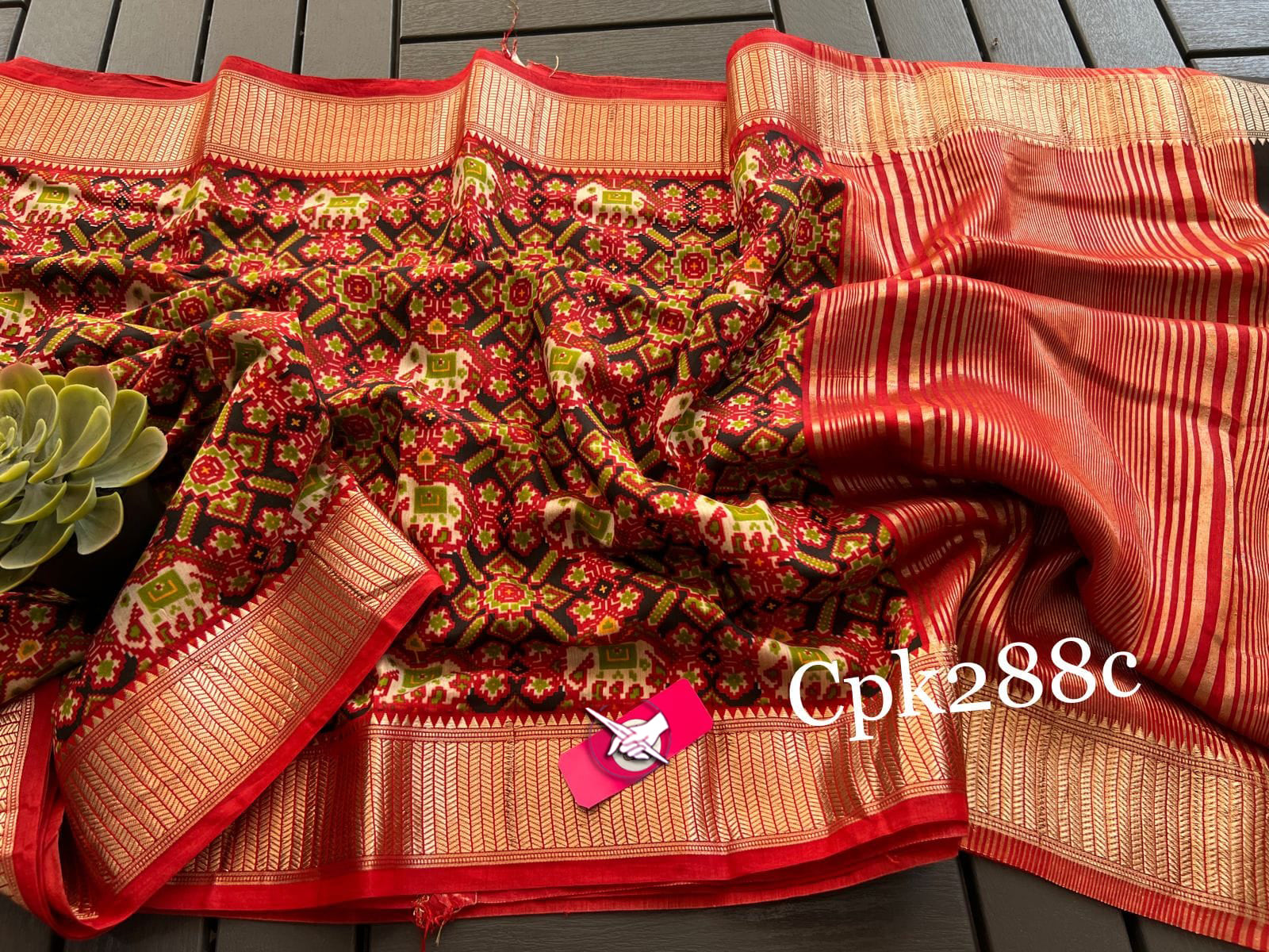 Tussar Silk Digital Print Saree Red Elegant With Zari Edge