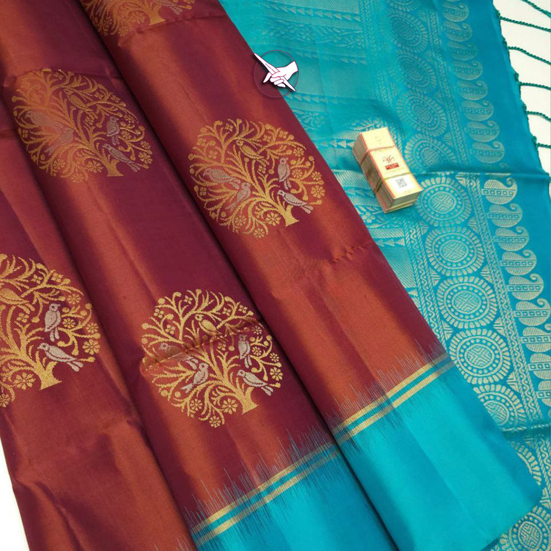 Ornate Aura Artistic Brown Lichi Kanchi Silk Saree
