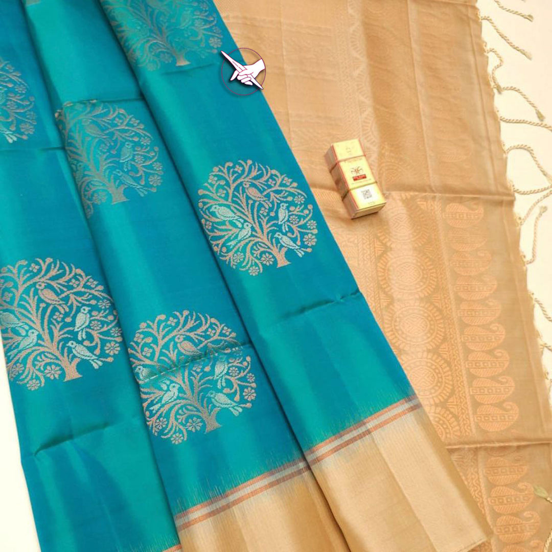 Temple Threads Cyan Artistic Kanchipuram Lichi Silk Saree