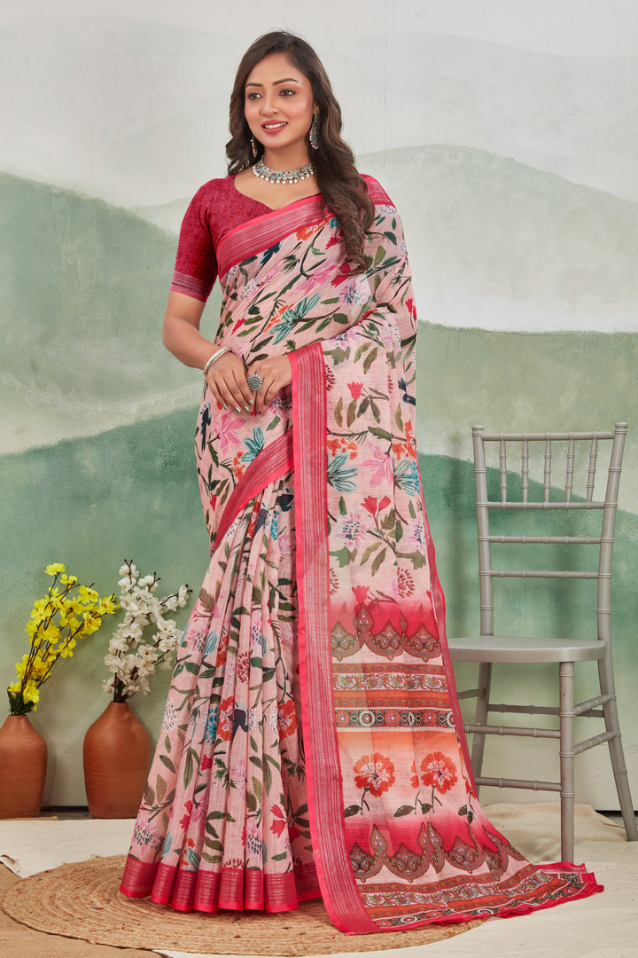 Elegant Red Linen Saree With Printed Design And Zari Border