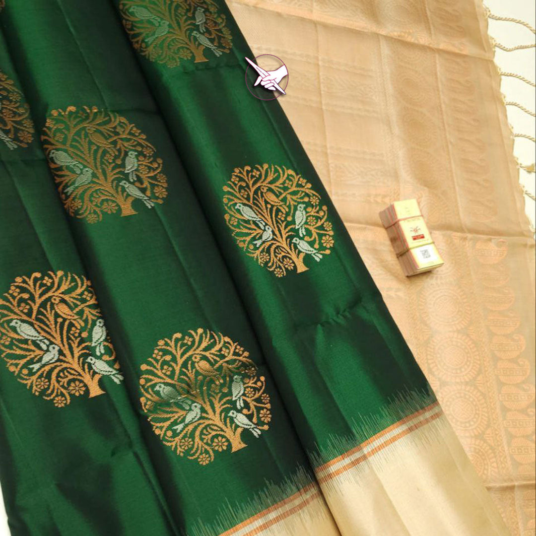 Dark Green Woven Whispers Lichi Silk Kanchi Drape Saree