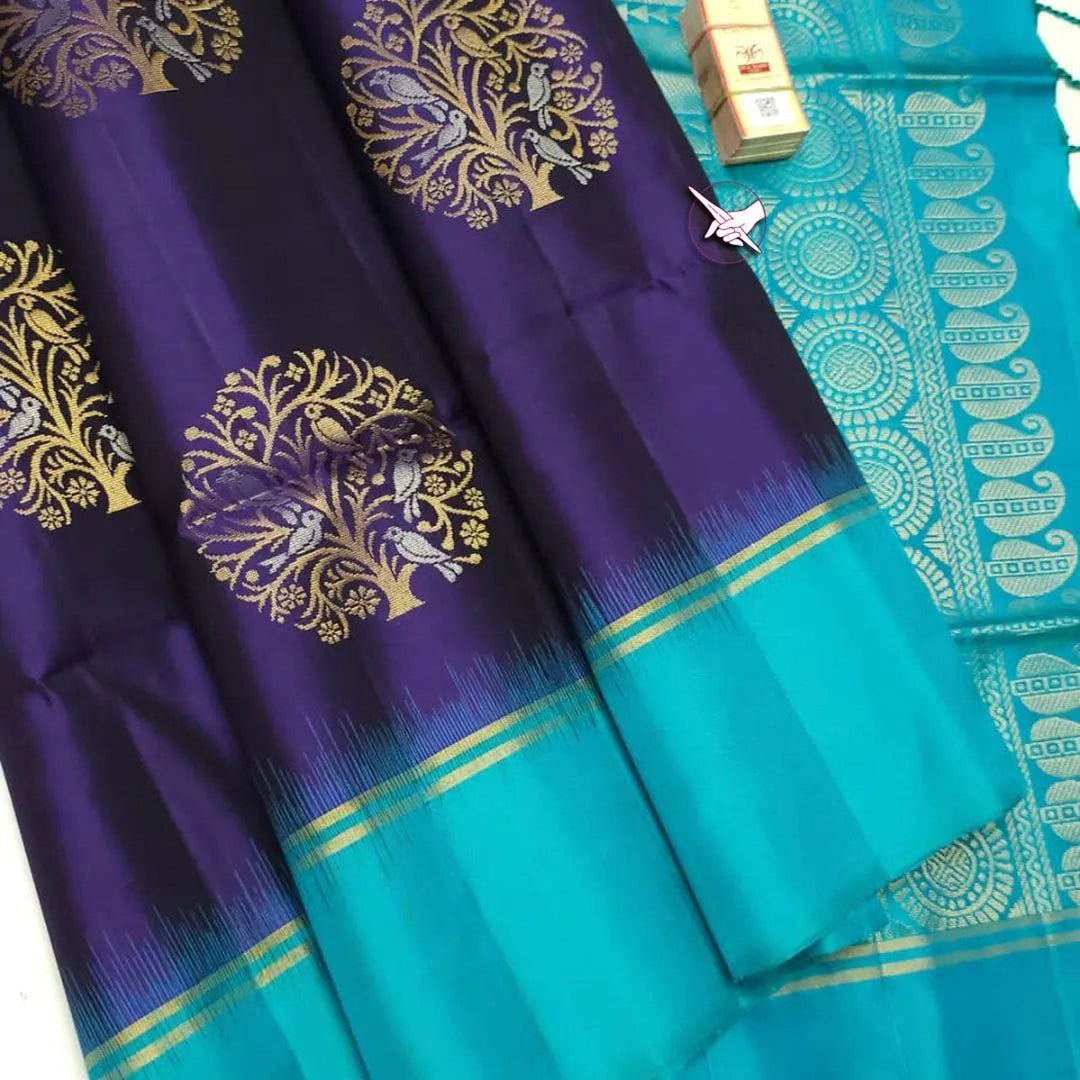 Navy Blue Dream Weave Kanchipuram Lichi Silk Saree