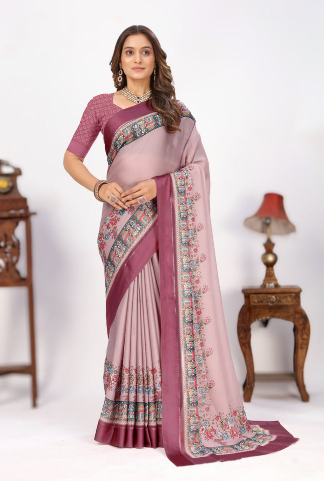 Get Luxury Baby Pink Viscose Satin Fabric Designer Saree In Festive Wear