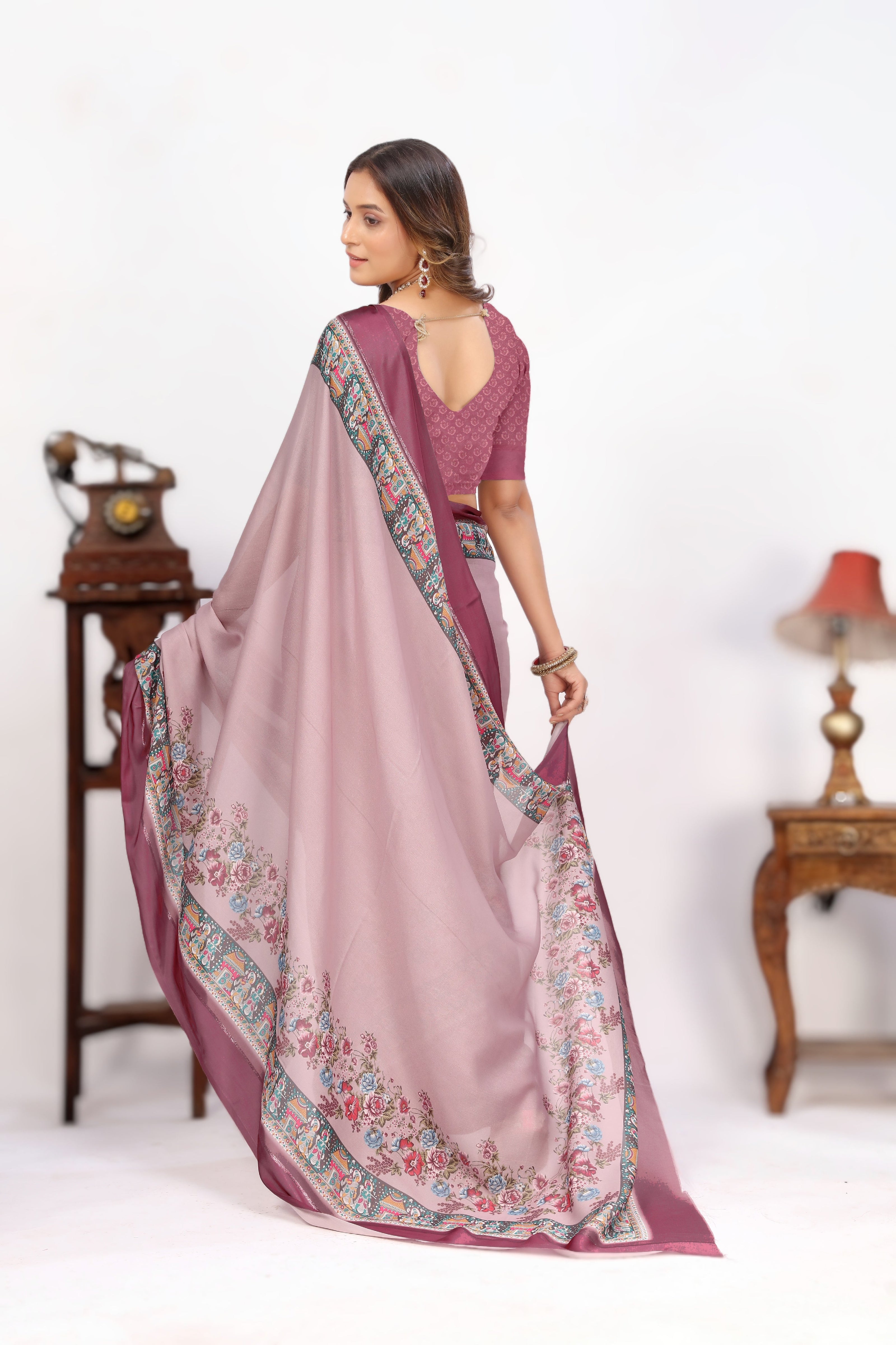 Baby Pink Designer Digital Print Viscose Satin Saree