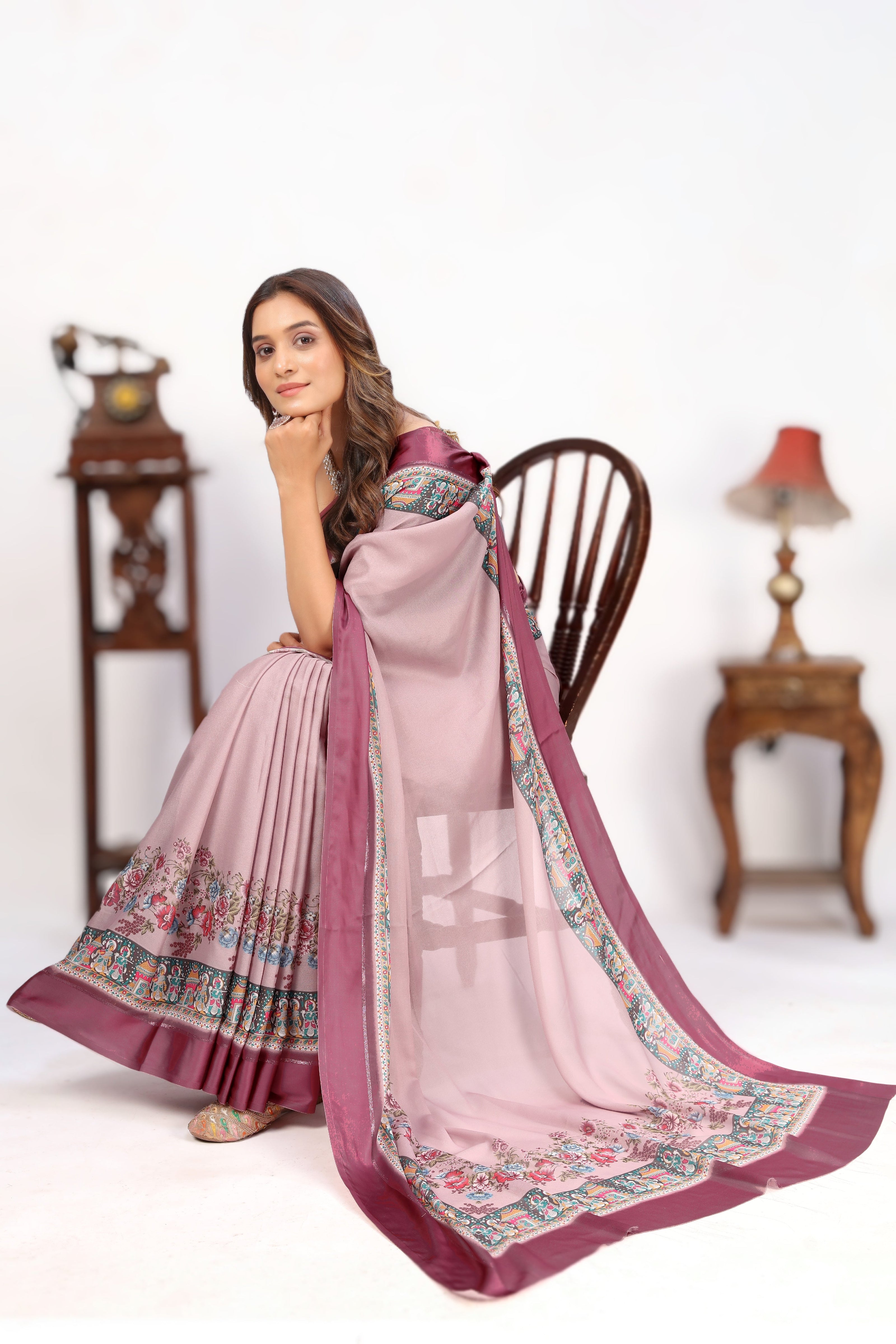 Baby Pink Designer Digital Print Viscose Satin Saree