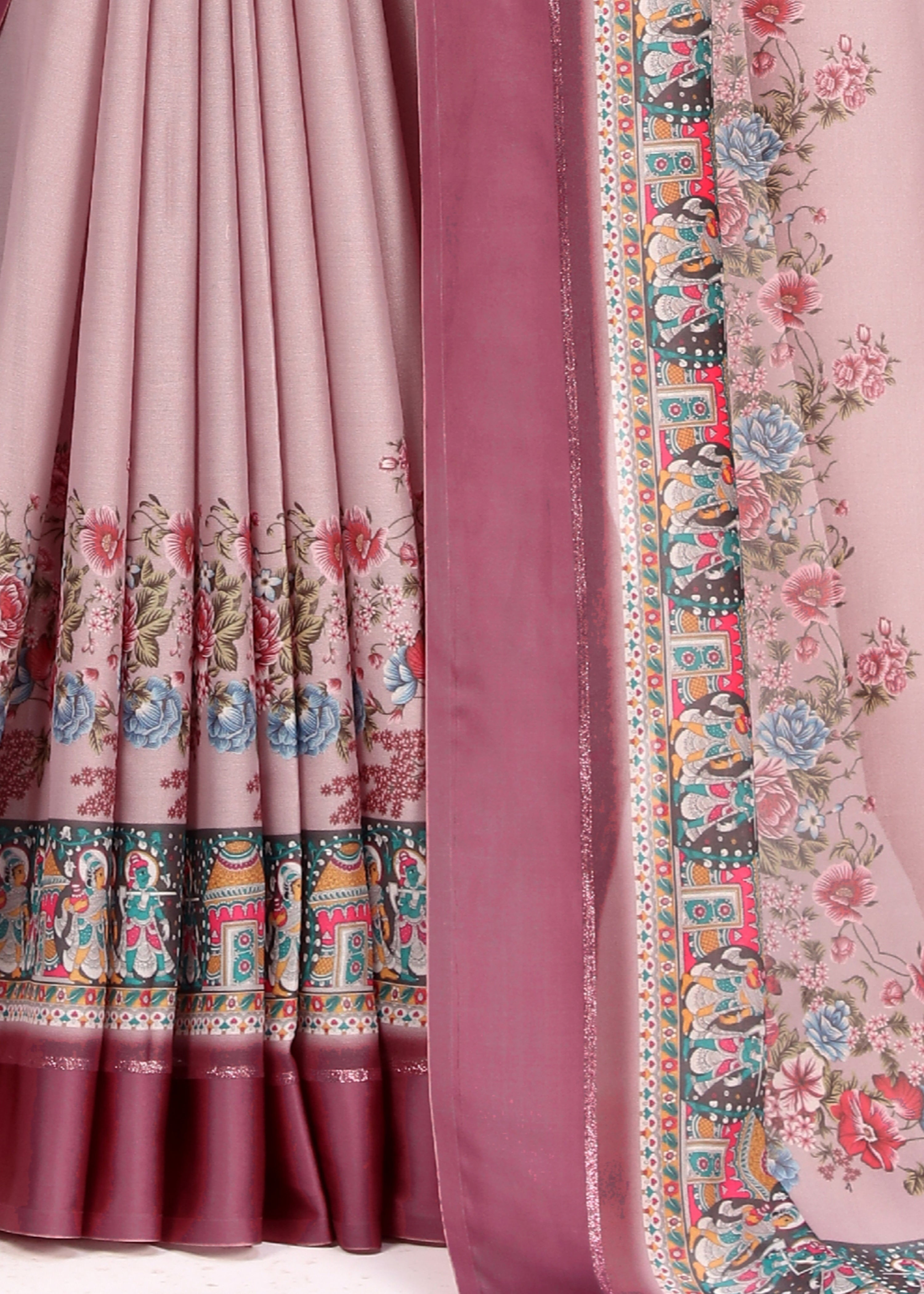 Baby Pink Designer Digital Print Viscose Satin Saree