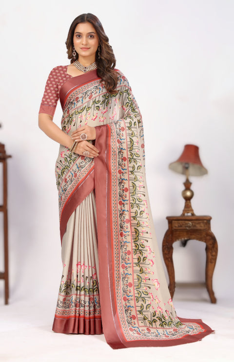 Beige Colour Digital Printed Border Satin Saree