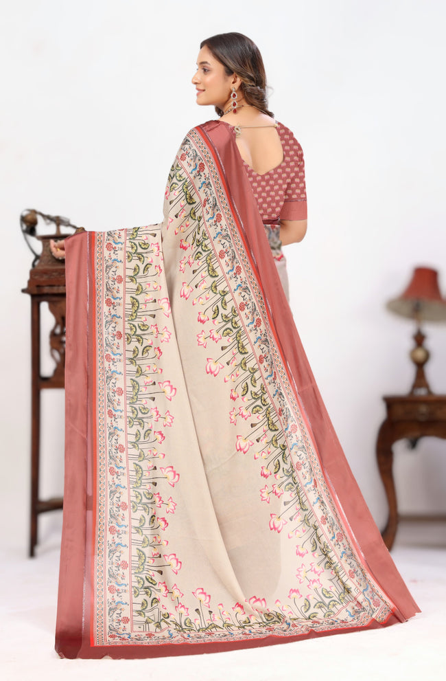 Beige Colour Digital Printed Border Satin Saree