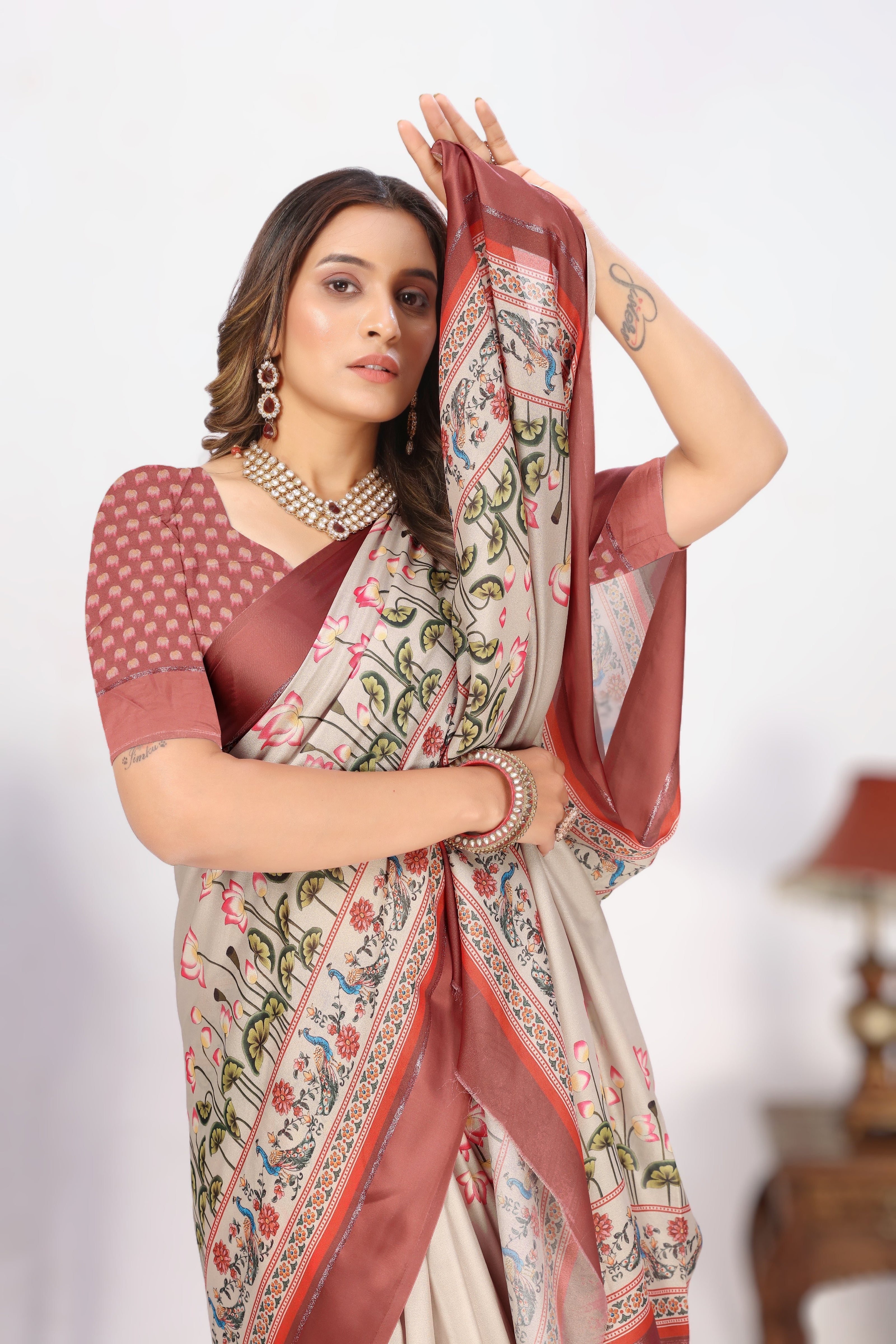 Beige Colour Digital Printed Border Satin Saree