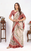 Beige Colour Digital Printed Border Satin Saree
