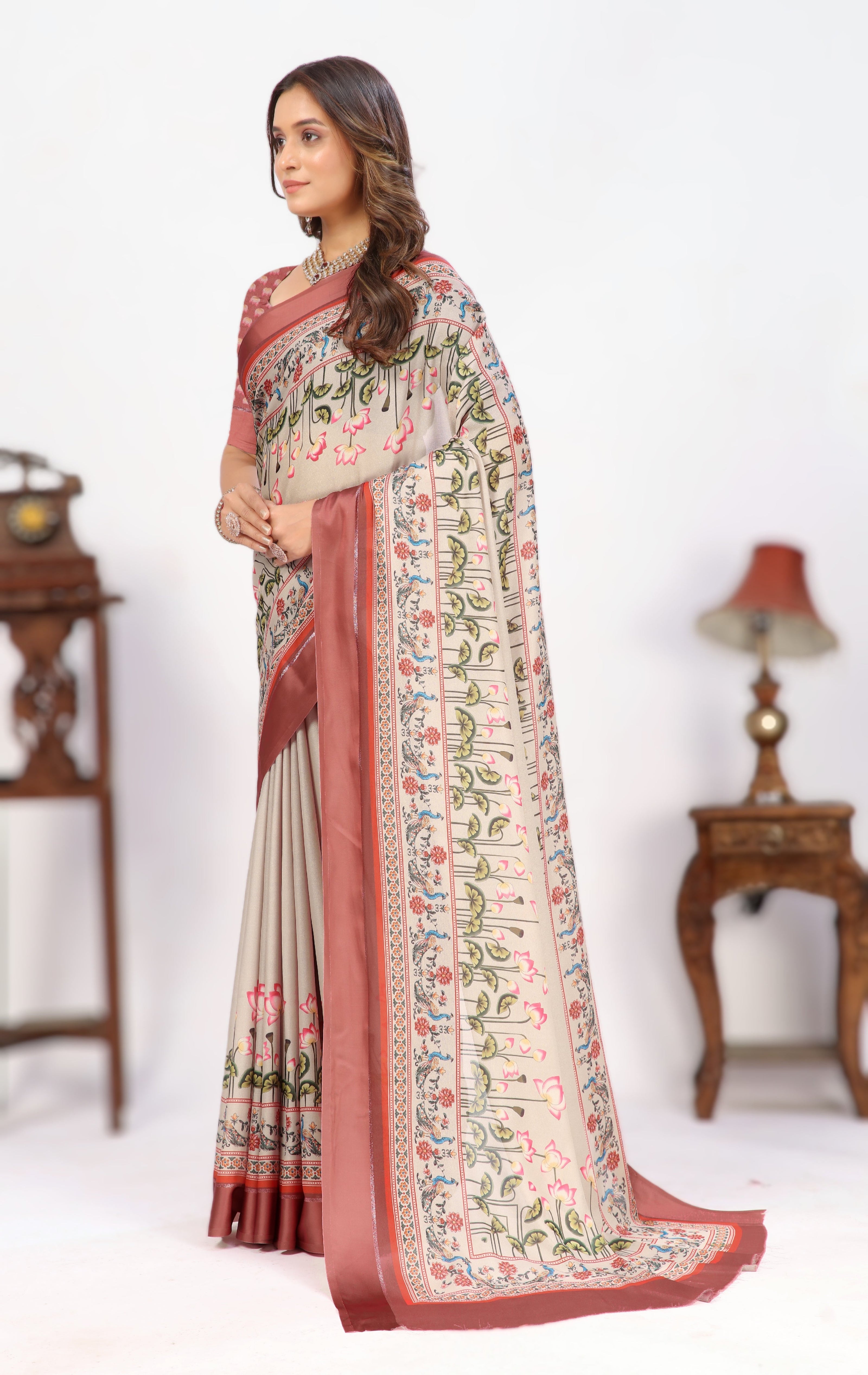 Beige Colour Digital Printed Border Satin Saree