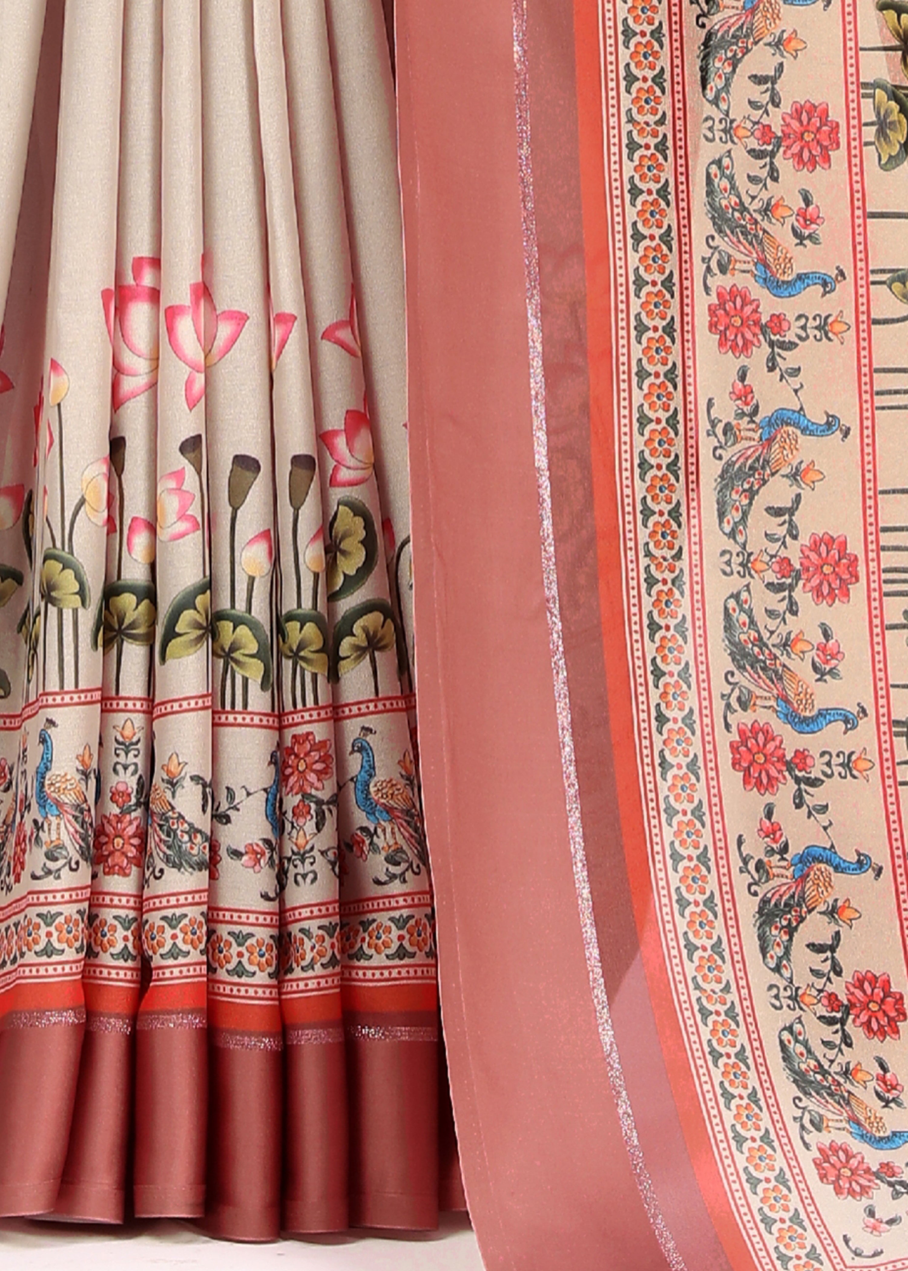 Beige Colour Digital Printed Border Satin Saree