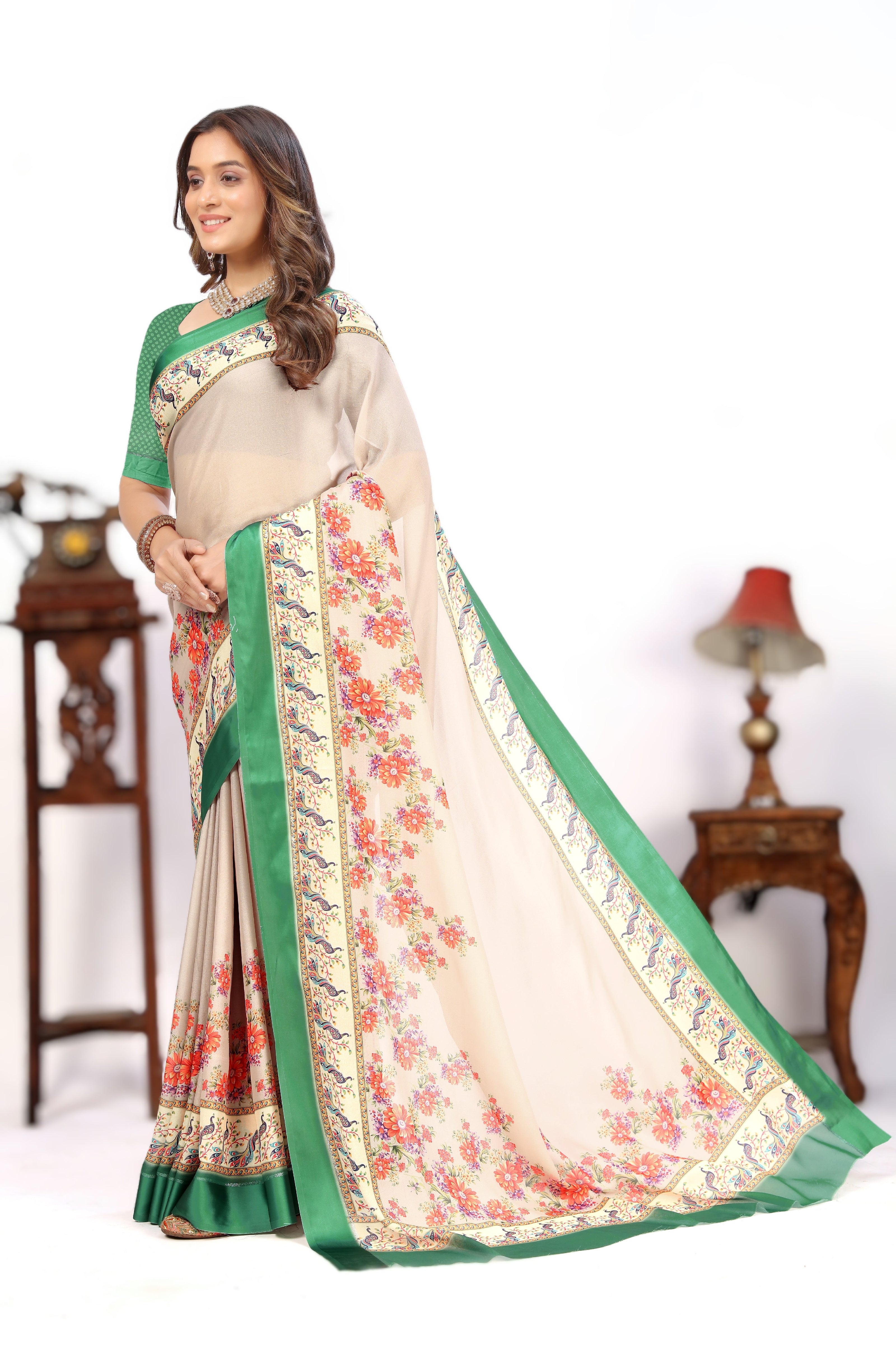 Off White With Green Colour Combination Printed Saree