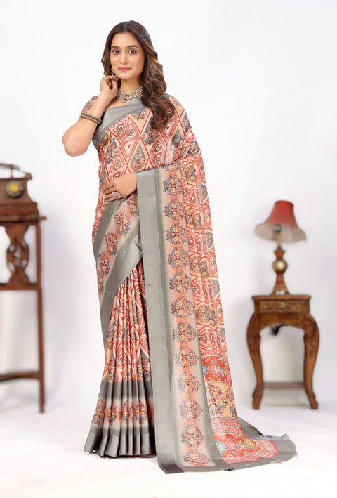 Astonishing Peach Digital Printed Art Satin Party Wear Saree