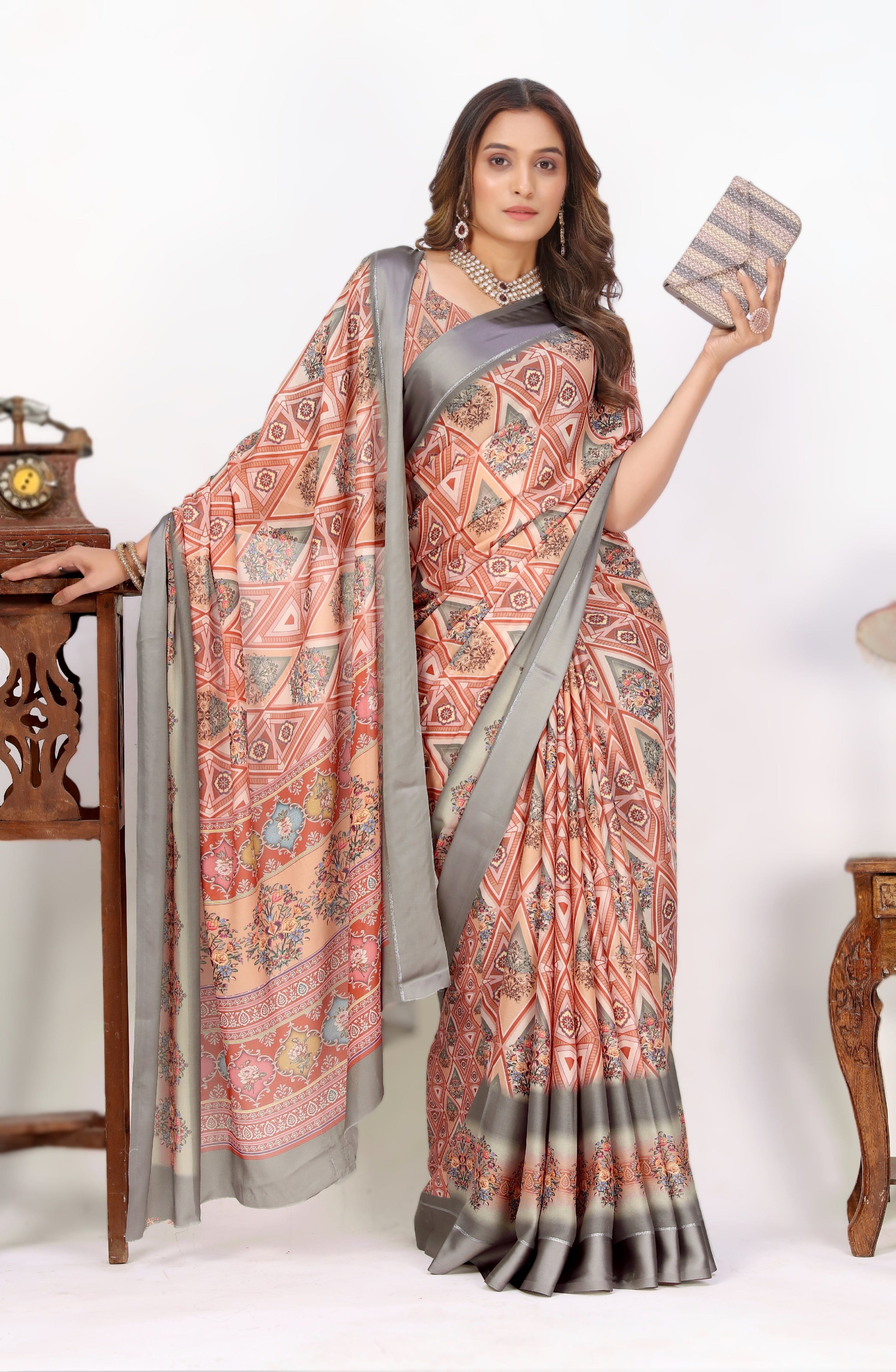 Astonishing Peach Digital Printed Art Satin Party Wear Saree