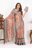 Astonishing Peach Digital Printed Art Satin Party Wear Saree