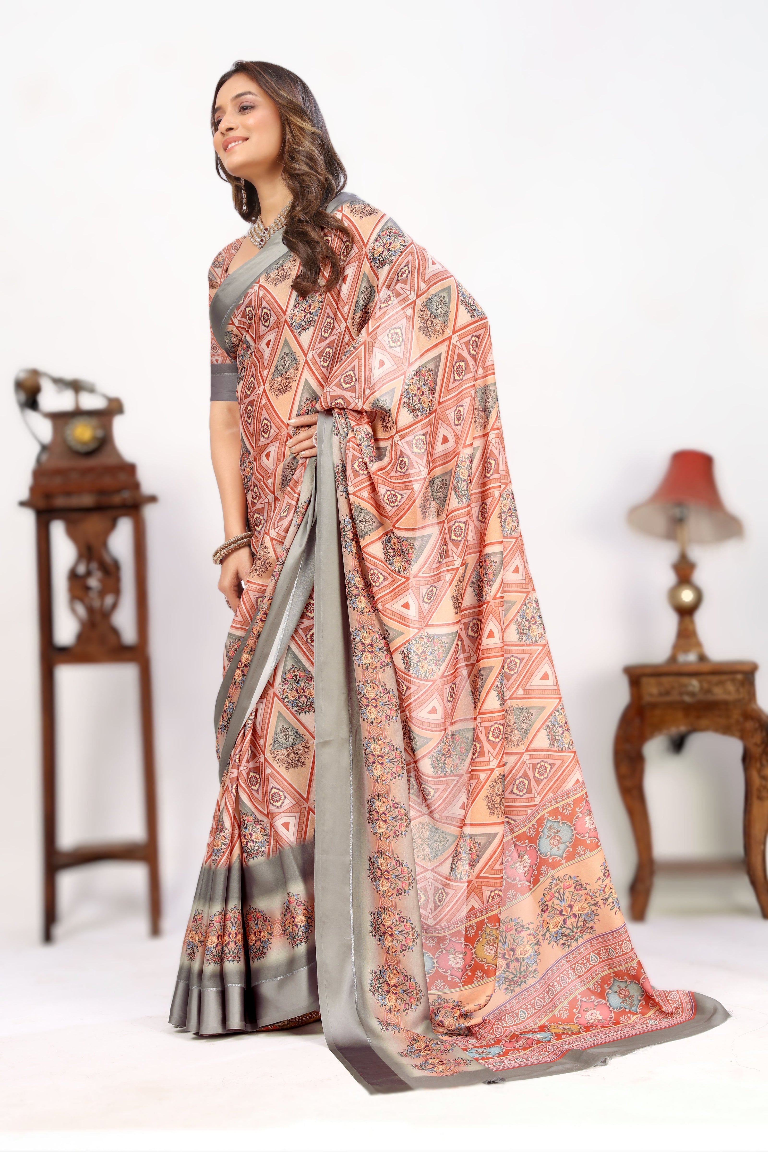 Astonishing Peach Digital Printed Art Satin Party Wear Saree